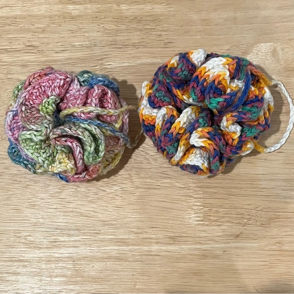 Set of 2 Crochet Pink/Yellow/Blue Eco-Friendly Bath Loofahs with Hanging Loop - Picture 7 of 10